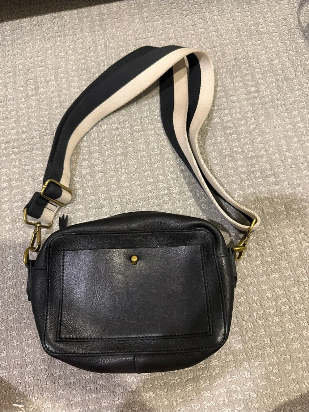 Madewell Black Transport Bag with Black-and-Cream Striped Strap